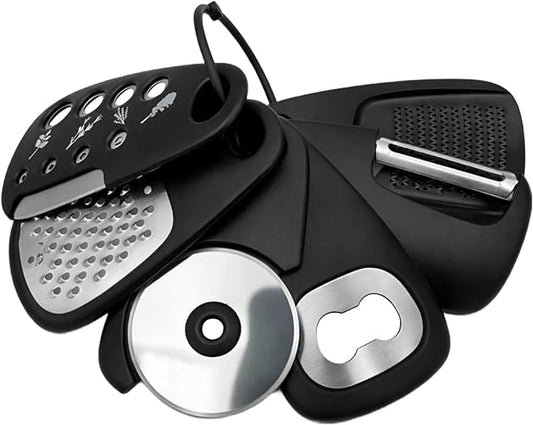 6-Piece Unique Kitchen Gadget Set in Black, Stackable Space-Saving Tools Including Grater, Peeler, Pizza Cutter, and Bottle Opener