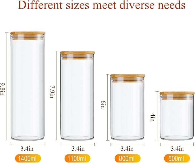 Qinyoung Glass Storage Jars with Wooden Lids, 4 Sizes Food Storage Containers Clear Stackable Canisters Airtight Glass Jars for Candy Cookie (Clear, Light Brown, 15oz 25oz 34oz 42oz, 12 Pcs)