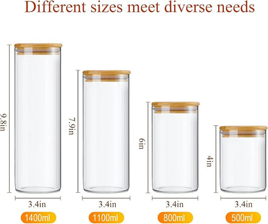 Qinyoung Glass Storage Jars with Wooden Lids, 4 Sizes Food Storage Containers Clear Stackable Canisters Airtight Glass Jars for Candy Cookie (Clear, Light Brown, 15oz 25oz 34oz 42oz, 12 Pcs)