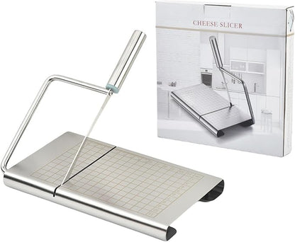 Multipurpose Stainless Steel Cheese Cutter, Bread Slicers with Precision Grid Scale and Anti Slip Base for Block Cheese, Butter, Bread, Sausages, Fruits, Kitchen Gadget Cheese Cutting Board