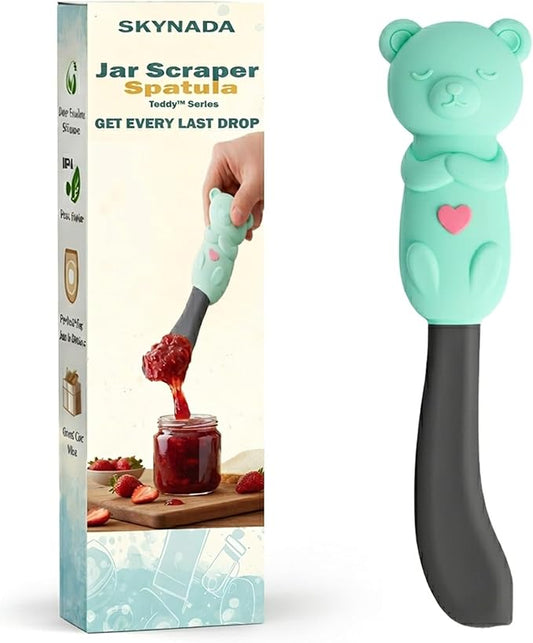 Jar Scraper Spatula - Silicone Scraper, Cute Kitchen Accessories, Unique Fun Cooking Kitchen Gadgets for Foodies - BPA-free & 100% Food Safe (Teddy - Green)