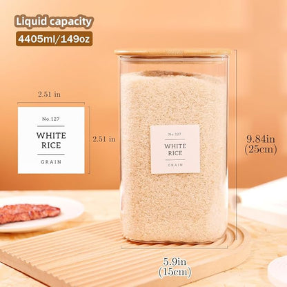 CZZGSM 2 Pack Square Glass Flour and Sugar Containers with 132 Kitchen Pantry Labels - Thicken 149 FL OZ Large Glass Storage Jars with Airtight Bamboo Lid - Big Food Canisters for Rice, Pasta, Cookie
