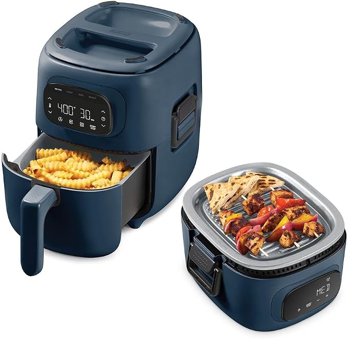Dash Flip & Fry™ Digital 2-in-1 Grill & Air Fryer - Has AirCrisp® Technology - Digital Touchscreen, Ceramic Nonstick Grill Plate & Special Dehydrate Function - 3 Quarts - Navy