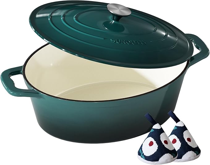 Enameled Cast Iron Dutch Oven - 9.3QT Dutch Oven Pot with Lid & Cotton Potholders - Heavy-Duty Non Stick Casserole Pot for Braising, Stews, Roasting, Baking, Suitable for All Stovetops, Bottle Green