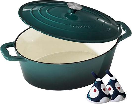 Enameled Cast Iron Dutch Oven - 9.3QT Dutch Oven Pot with Lid & Cotton Potholders - Heavy-Duty Non Stick Casserole Pot for Braising, Stews, Roasting, Baking, Suitable for All Stovetops, Bottle Green