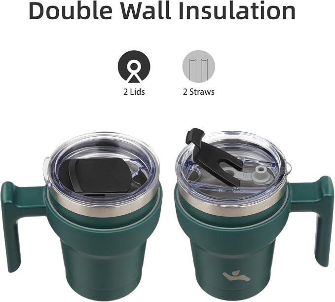 Konokyo 10 oz Tumbler with Handle and 2 Straw 2 Lid, Insulated Water Bottle Stainless Steel Vacuum Cup Reusable Travel Mug,Army Green