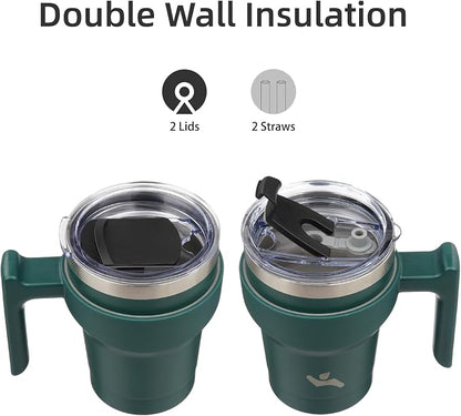 Konokyo 10 oz Tumbler with Handle and 2 Straw 2 Lid, Insulated Water Bottle Stainless Steel Vacuum Cup Reusable Travel Mug,Army Green