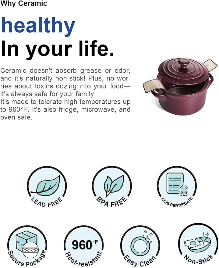 LE TAUCI 3 qt Ceramic Dutch Oven for Bread Baking with Silicone Sling- Lightweight, Non-Toxic, No Seasoning Needed- Oven, Microwave & Dishwasher Safe, Ideal for Home Bakers & Beginners, Wine Red