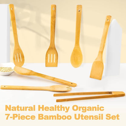 Eisinly Wooden Spoons for Cooking 7-Piece, Kitchen Nonstick Bamboo Cooking Utensils Set, Healthy Bamboo Wooden Spatula Spoon for Cooking