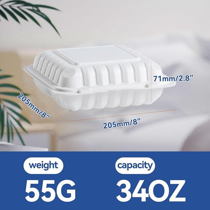 Food Containers 8" 34 oz 55 Pack - Shrink Wrapped Ready to Use | 3 Compartment Mineral Filled PP Clamshell | Microwave & Freezer Safe | BPA Free White To Go Boxes for Meal Prep & Leftovers