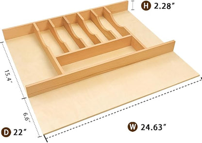 Silverware Drawer Organizer - Trim-to-Fit with Adjustable Dividers for Kitchen Utensil Storage, Beech Wood Frame with 11 Sizes (24.63" W x 22" D)