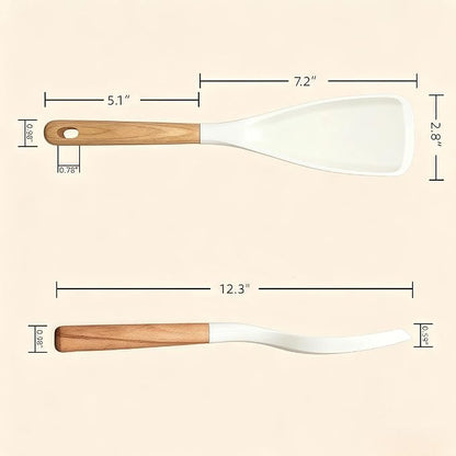 Silicone Cooking Spoon & Spoonula Spatula for Nonstick Cookware, Heat Resistant 600°F Kitchen Utensil, BPA-Free Food-Grade, Solid Wood Handle, Serving Scraping Scooping Stirring (Black & White)