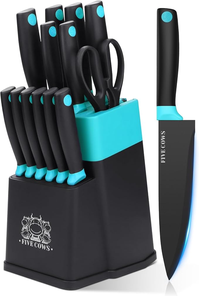 14 Pcs Kitchen Knife Block Set with Sharpener German High Carbon Stainless Steel Chef Knives, Razor-Sharp & Durable, Lightweight Anti-Slip Handle, Professional Set for Home & Kitchen (Green)