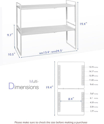 Nxconsu Expandable Cabinet Shelf Organizer Riser, 10.5" 2 Pack White | Heavy-Duty Steel Expandable Shelf Holds 50 lb, 5-Level Stackable Riser for Kitchen Cabinet Cupboard Pantry Counter Under Sink
