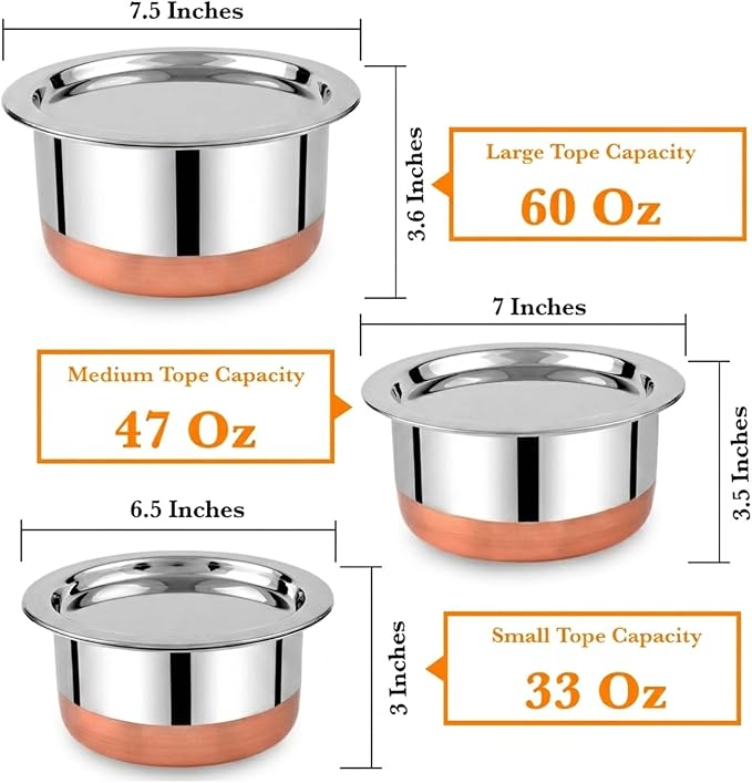 CRAFTONE Stainless Steel Copper bottom Tope Set with Lid, Cookware Set of 3 Pcs Gas Stove Friendly multi purpose Container Pot Set (60 Oz, 47 Oz and 33 Oz)