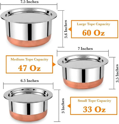 CRAFTONE Stainless Steel Copper bottom Tope Set with Lid, Cookware Set of 3 Pcs Gas Stove Friendly multi purpose Container Pot Set (60 Oz, 47 Oz and 33 Oz)