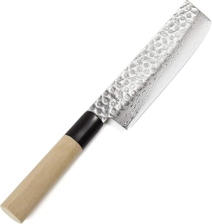 Japanese Vegetable Knife Hammered Damascus VG-10 46 Layer D-Shape Magnolia Wood Handle, Nakiri 6.3-inch (160mm)