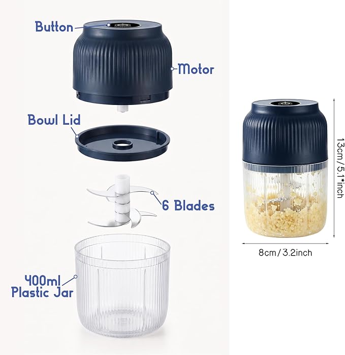 Electric Garlic Chopper, 2026 New Mini Food Processor & Food Chopper for Kitchen, Portable Cordless Garlic Mincer with 6 Stainless Steel Blades, Small Vegetable Chopper for Onion Salad (400ML White)