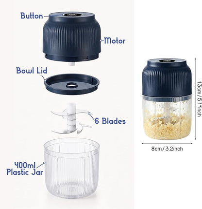 Electric Garlic Chopper, 2026 New Mini Food Processor & Food Chopper for Kitchen, Portable Cordless Garlic Mincer with 6 Stainless Steel Blades, Small Vegetable Chopper for Onion Salad (400ML White)