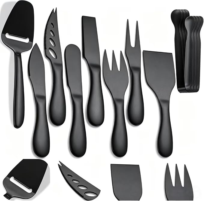 Premium Stainless Steel Black Cheese Tool Set - 12 Piece Cheese Knife & Cheese Markers Gifts Set - Cut, Butter Spreader Slicer Mini Serving Tongs,Birthday Wedding Christmas All Your Favorite Cheeses