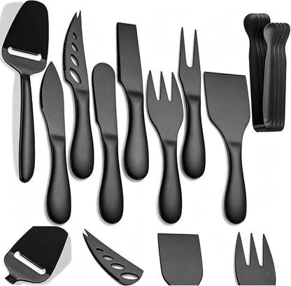 Premium Stainless Steel Black Cheese Tool Set - 12 Piece Cheese Knife & Cheese Markers Gifts Set - Cut, Butter Spreader Slicer Mini Serving Tongs,Birthday Wedding Christmas All Your Favorite Cheeses