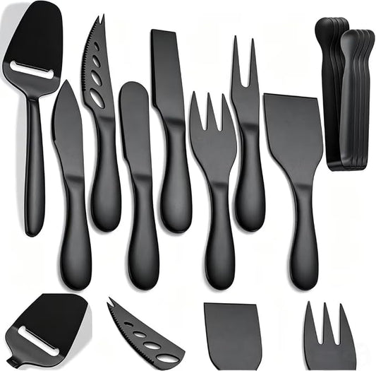 Premium Stainless Steel Black Cheese Tool Set - 12 Piece Cheese Knife & Cheese Markers Gifts Set - Cut, Butter Spreader Slicer Mini Serving Tongs,Birthday Wedding Christmas All Your Favorite Cheeses