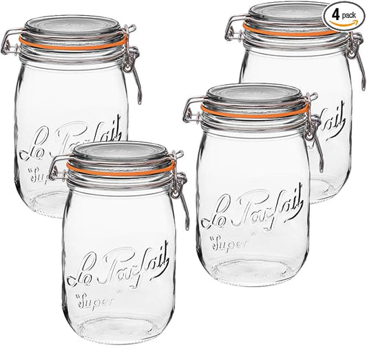 Le Parfait Super Jar 1L (32oz) French Glass Preserving Jar w/Airtight Rubber Seal & Wire Bail Closure - BPA-Free Canning Jar for Pickles, Fruits, Sauces & Food Storage - Made in France Since 1930 4PK