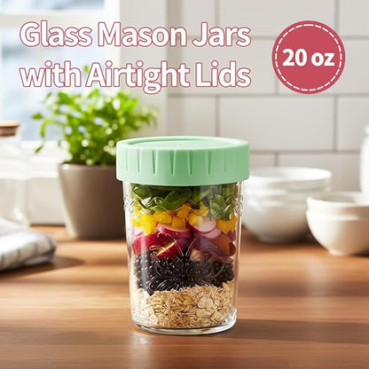 4-Pack 20oz Glass Jars with Lids, Mason Jars, BPA free Wide Mouth Glass Jars with Lids, Food Storage Containers for Snacks, Yogurt, Salad, Fridge, Meal Prep（Mixed color）