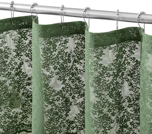 Green Lace Shower Curtain 72x84, 84 Inches Long with Attached Valance