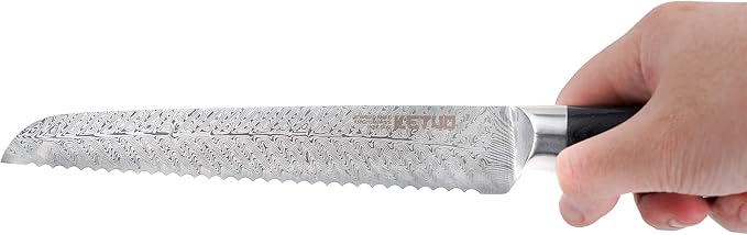 Ketuo Professional Chef Knife Damascus Carbon Steel with Laser Pattern Blade and Black Pakka Wood (8 Inch Bread Knife)