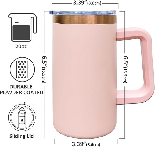 20 oz Insulated Coffee Mug with Lid, Stainless Steel Coffee Tumbler Bulk, Double Wall Vacuum Travel Mug with Handle, Leakproof Powder Coated Coffee Cups for Hot and Cold Drinks (Pink,4 pack)