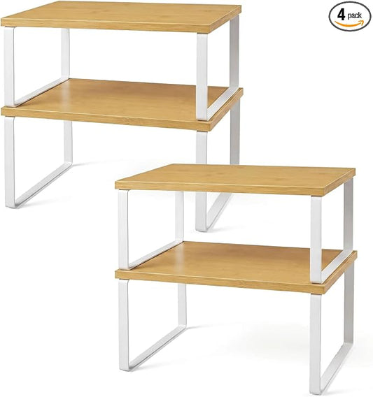 Kitchen Cabinet Organizer Shelf, Set of 4 Stackable Spice Rack Storage, Heavy Duty Metal & Wood Countertop Display Stand for Seasoning Bottles, Jars & Pantry Essentials（Bamboo）