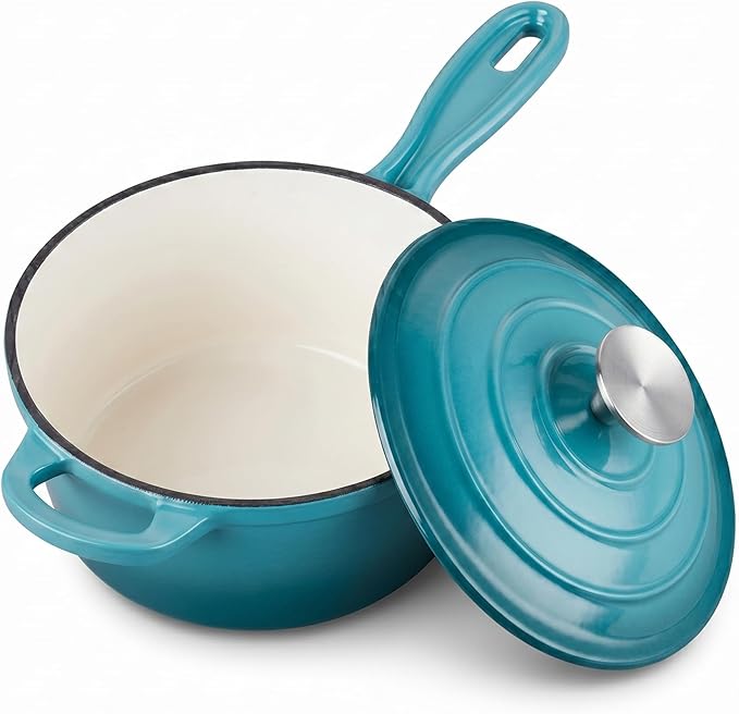 Homikit Cast Iron Sauce Pan, 1 Quart Enameled Cast Iron Saucepan with Lid for All Cooktops, Small Pot Mini Dutch Oven for Kitchen Cooking, Boiling, Nonstick & Heavy Duty, Teal Ombre