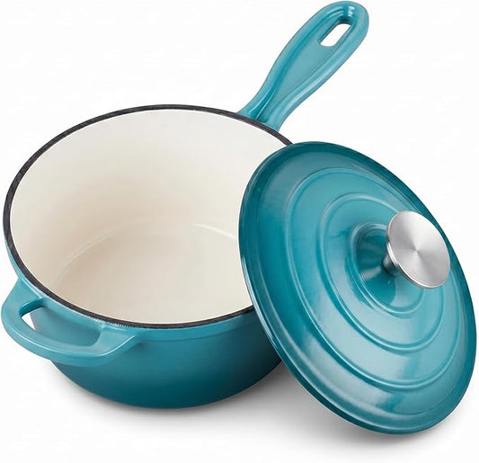 Homikit Cast Iron Sauce Pan, 1 Quart Enameled Cast Iron Saucepan with Lid for All Cooktops, Small Pot Mini Dutch Oven for Kitchen Cooking, Boiling, Nonstick & Heavy Duty, Teal Ombre
