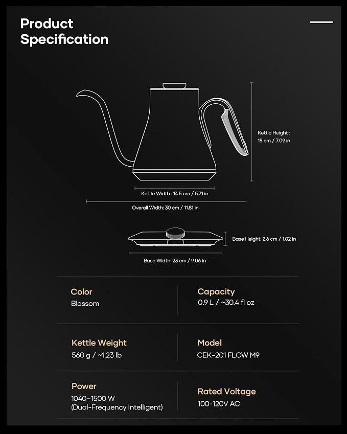 Cocinare Artisan Blossom Gooseneck Electric Kettle, ±1℉ Precise Temperature Control for Pour-Over Coffee & Tea, Quick Heating 1500W, Stainless Steel Interior, 0.9L