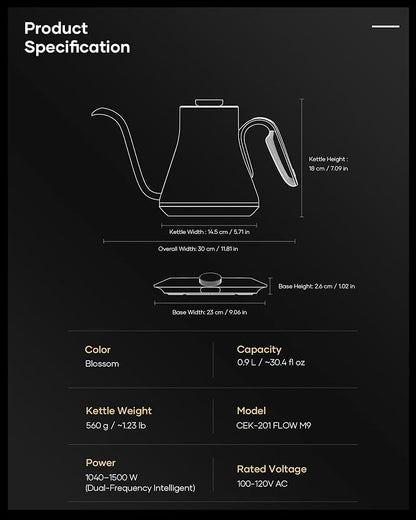 Cocinare Artisan Blossom Gooseneck Electric Kettle, ±1℉ Precise Temperature Control for Pour-Over Coffee & Tea, Quick Heating 1500W, Stainless Steel Interior, 0.9L