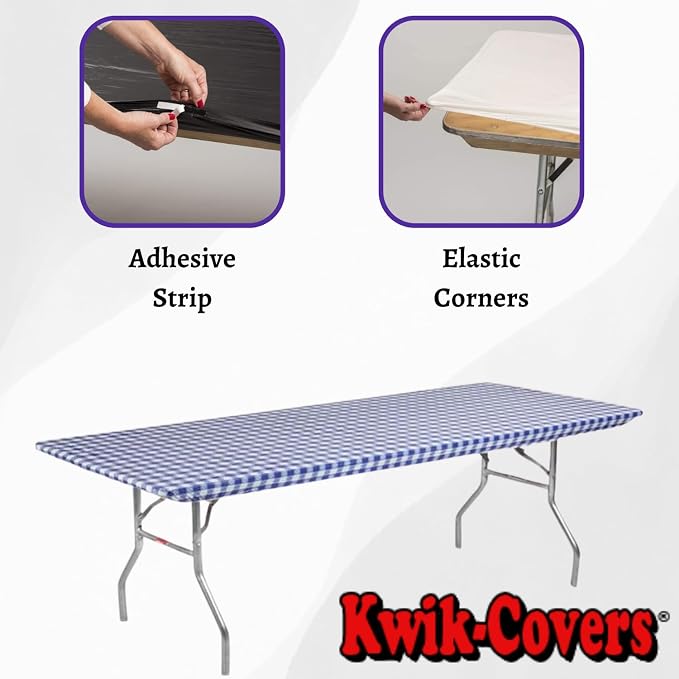 Kwik-Covers 8' Rectangle Plastic Table Covers 30" x 96", Bundle of 5 (Blue Gingham)