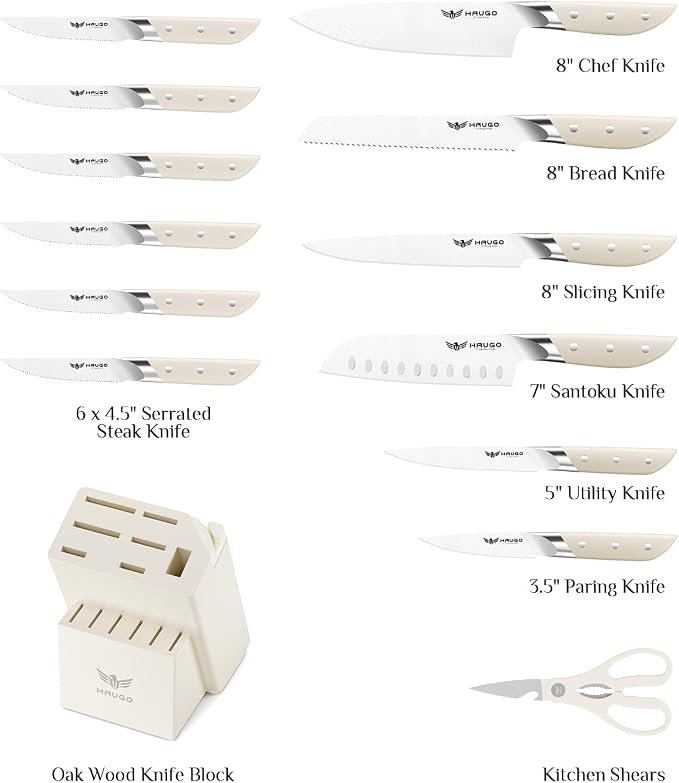 Kitchen Knife Set with Block: 14-Piece German Stainless Steel Full Tang Professional Knife - Comfortable Grip Reduces Hand Fatigue 30% - Dishwasher Safe & Sharpener - White Knife Set for Cooking