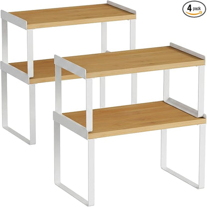 Goozii Cabinet Shelf Organizers Set of 4, Kitchen Countertop Rack for Plates Dishes Cups Mugs Spices, Pantry Cupboard Cabinet Organizers, Storage Shelves Rack Insert for Counter (Bamboo Wood, White)