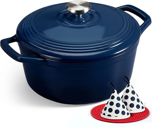 Overmont Enameled Cast Iron Dutch Oven - 5.5QT Pot with Lid Cookbook & Cotton Potholders - Heavy-Duty Cookware for Braising, Stews, Roasting, Bread Baking Midnight Sapphire