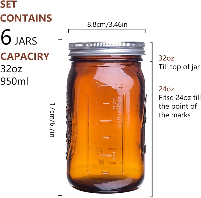 eleganttime Amber Glass Mason Jars 32 oz Wide Mouth with Airtight Lids and Bands 6 Pack Large Glass Canning Mason Jars Quart,Great for Canning Jar Pickle Fermenting Jam Jar