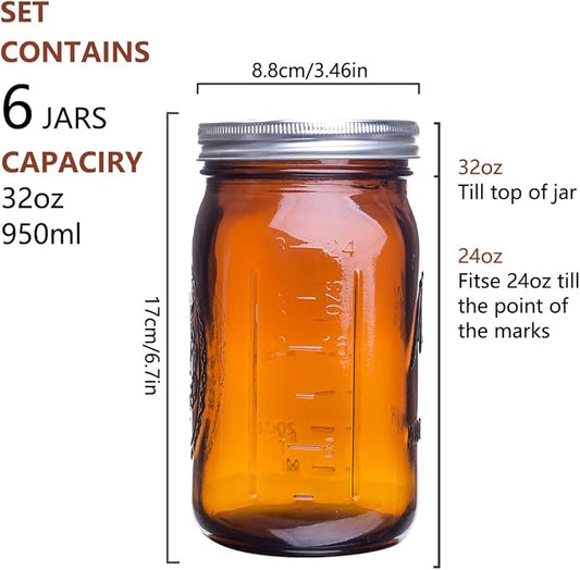eleganttime Amber Glass Mason Jars 32 oz Wide Mouth with Airtight Lids and Bands 6 Pack Large Glass Canning Mason Jars Quart,Great for Canning Jar Pickle Fermenting Jam Jar