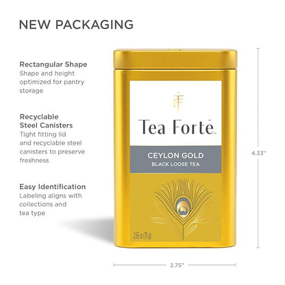 Tea Forte Ceylon Gold Premium Loose Leaf Caffeinated Black Tea Blend Canister, Makes 35-50 Cups