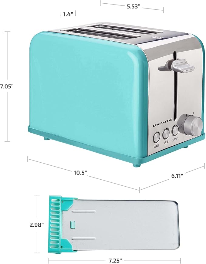OVENTE 2-Slice Electric Toaster, 825W with 6 Browning Settings, Bagel, Defrost, Cancel Functions, Extra-Wide Slots, Stainless Steel Retro Countertop Toaster, Turquoise TS2450T