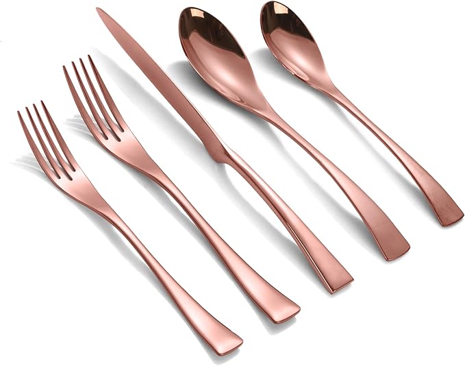 Lemeya 20-Pieces Rose gold Silverware Set for 4,Heavy Duty 18/10 Stainless Steel Flatware Set with Forged Stand Knives,Modern Cutlery Utensil Set,Mirror Polished,Dishwasher Safe