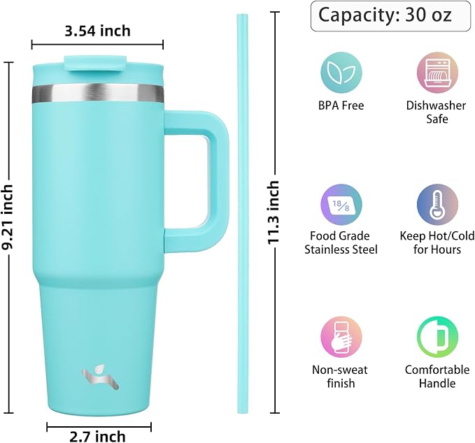Konokyo 30 oz Tumbler with Handle and 2 Straws,2 in 1 Lid Insulated Water Bottle Stainless Steel Travel Coffee Mug,Turquoise