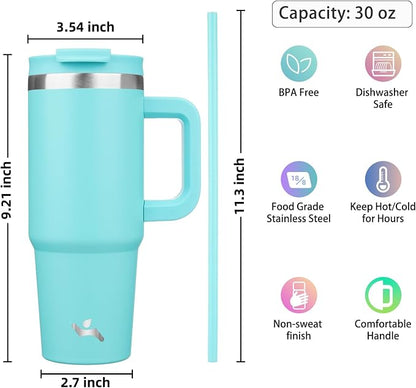Konokyo 30 oz Tumbler with Handle and 2 Straws,2 in 1 Lid Insulated Water Bottle Stainless Steel Travel Coffee Mug,Turquoise