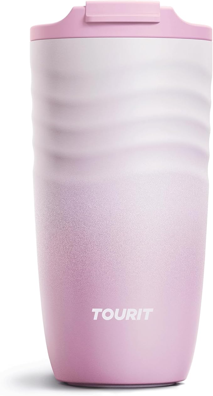 TOURIT 16 oz Travel Coffee Mug, Vacuum Insulated Stainless Steel Tumbler with Ripple-Wave Anti-Slip Grip, Built-in Silicone Bottom for Quiet & Stable, Leak-Proof Lid, Fits Car Cup Holder, Pink