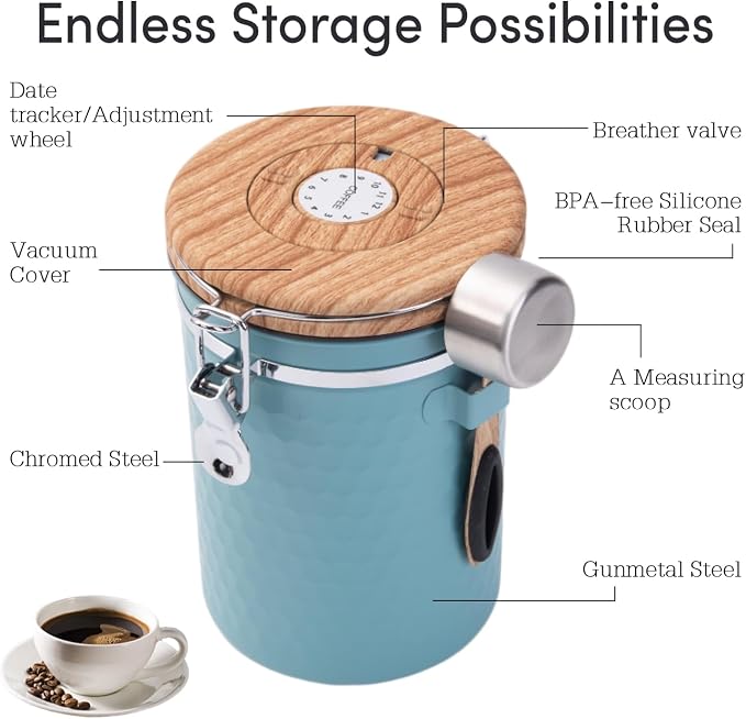 Airtight Coffee Canister, 1800ml Stainless Steel Storage Container with Date Tracker, Breather Valve, and Measuring Scoop, Blue (Blue)