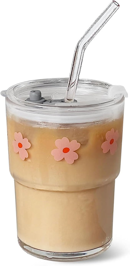Olvini 13oz Glass Tumbler with Straw and Lid, Reusable Iced Coffee Cup Tumbler, Cute Glass Cups for Water, Matcha, Travel Coffee Mugs (Pink Flower)